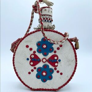 Vintage Folk Art Hearts Floral Leather Covered Glass Bottle Canteen Decanter 7”